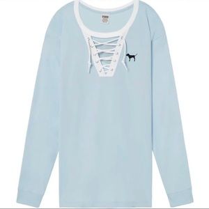 PINK Light Blue Lace Up Campus Tee